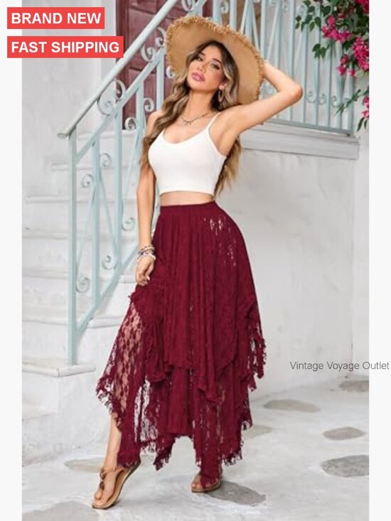 Women's Lace Maxi Skirt Elastic Waist Asymmetrical Hem Beach Cover Up - Picture 2 of 7